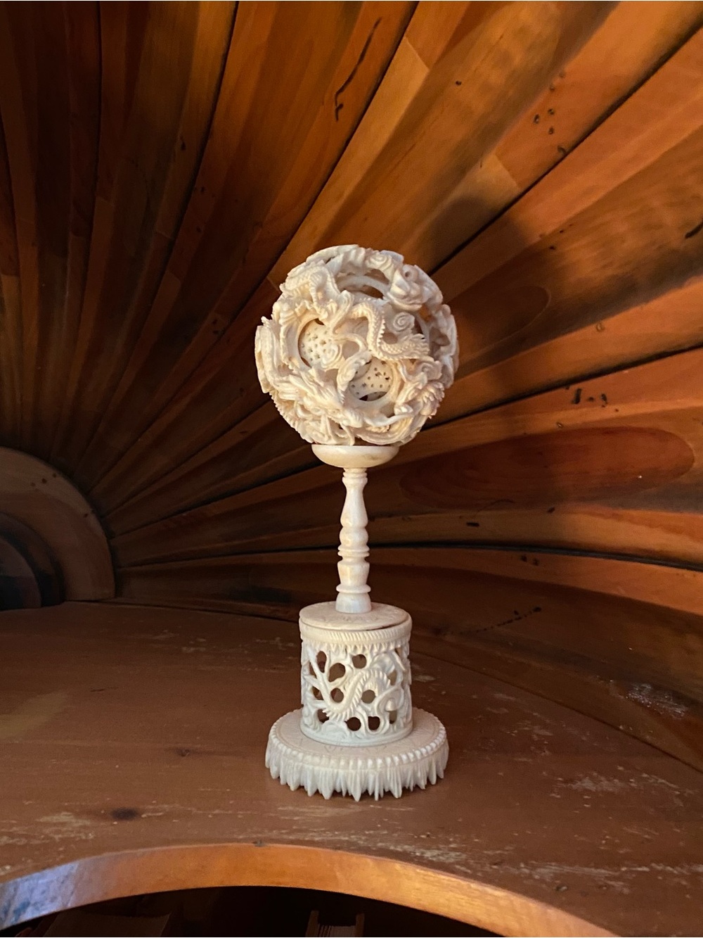 Vintage Ivory Carved Dragon Asian Puzzle Ball on Stand 6.5 “Tall